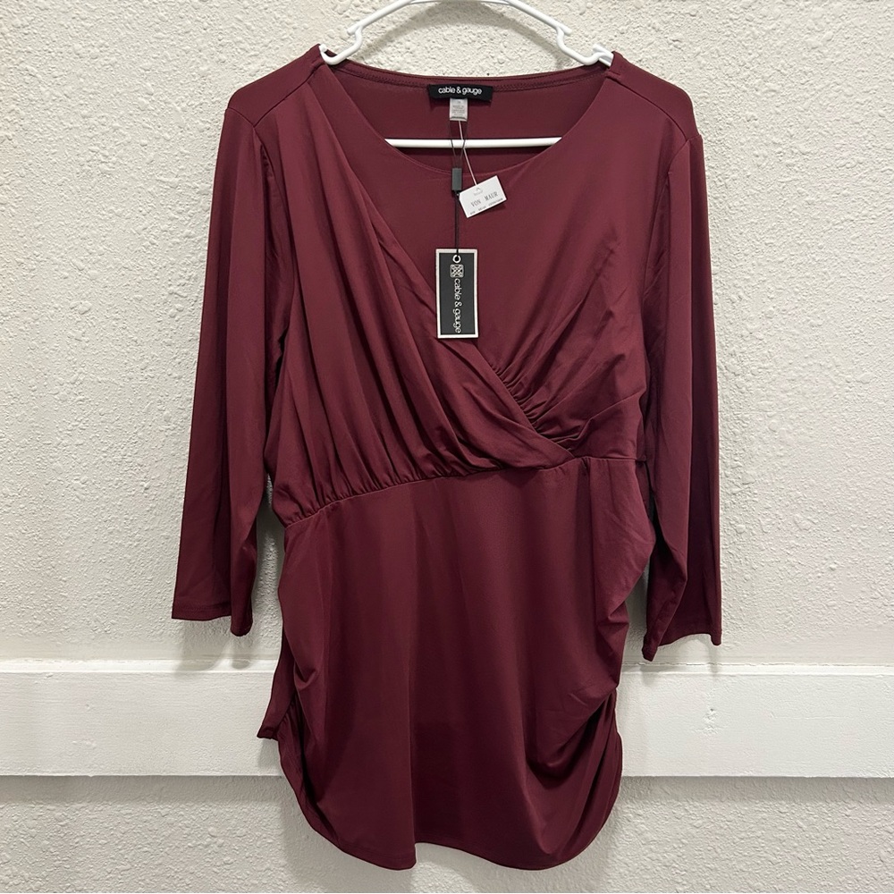 Cable & Gauge Burgundy Ruched Sides 3/4 Sleeve Top NWT 1X